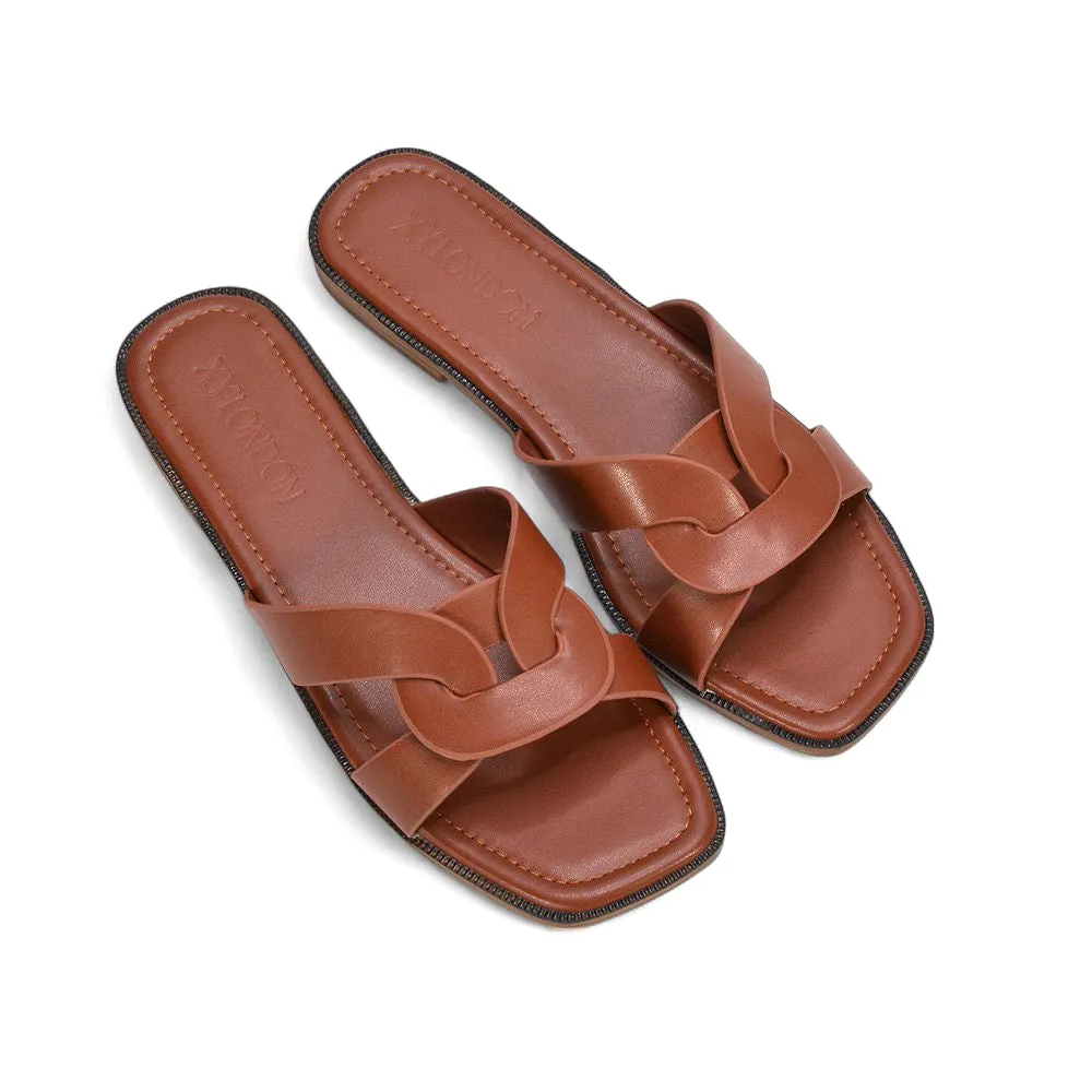 Amalie Women’s Flat Slip-On Slider Sandals for Summer in Brown Synthetic Leather sold by XYlondon product image thumbnail 5
