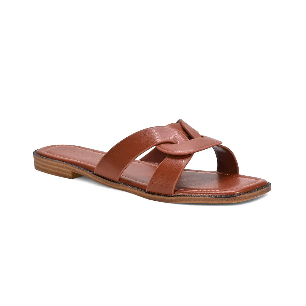 Amalie Women’s Flat Slip-On Slider Sandals for Summer in Brown Synthetic Leather sold by XYlondon product image thumbnail 3