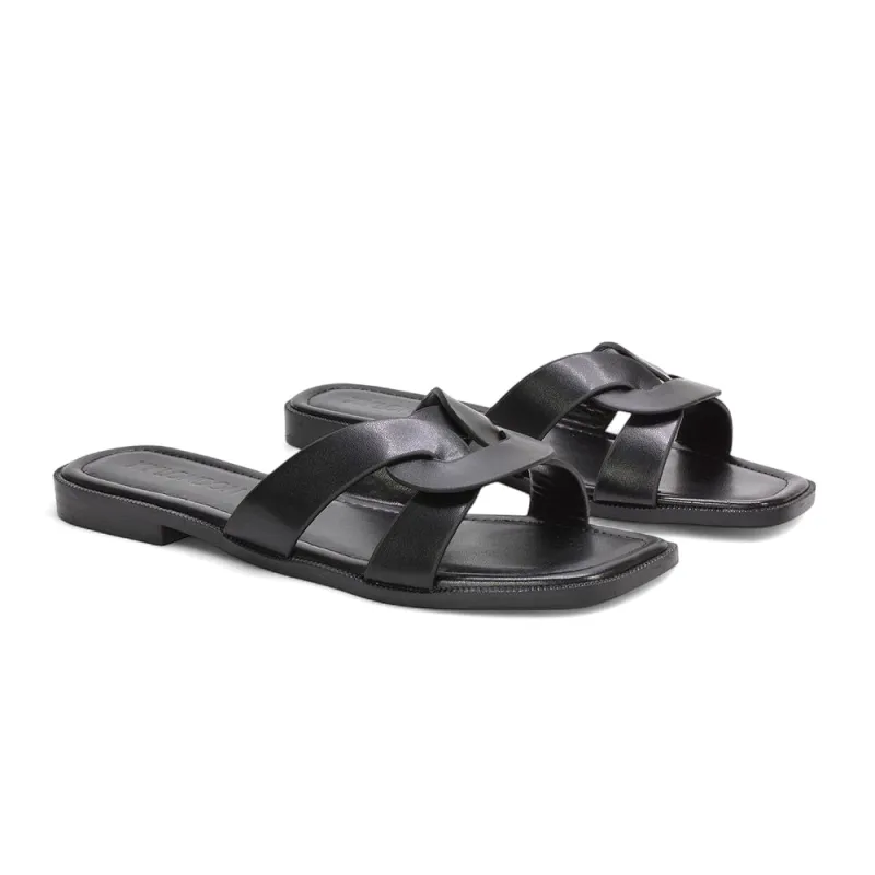 Amalie Slip On Sliders Womens Flat Summer Sandals in Black Synthetic Leather sold by XYlondon