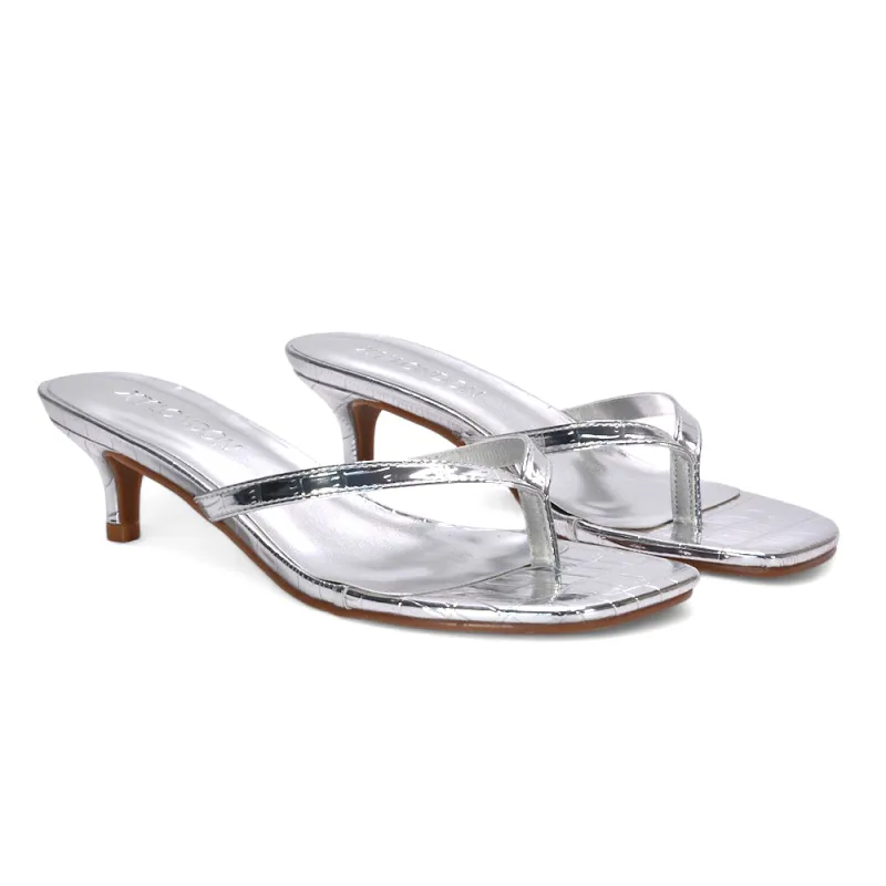 Ava Square Toe Kitten Heel Flip Flop Low Heeled Sandals in Silver sold by XYlondon