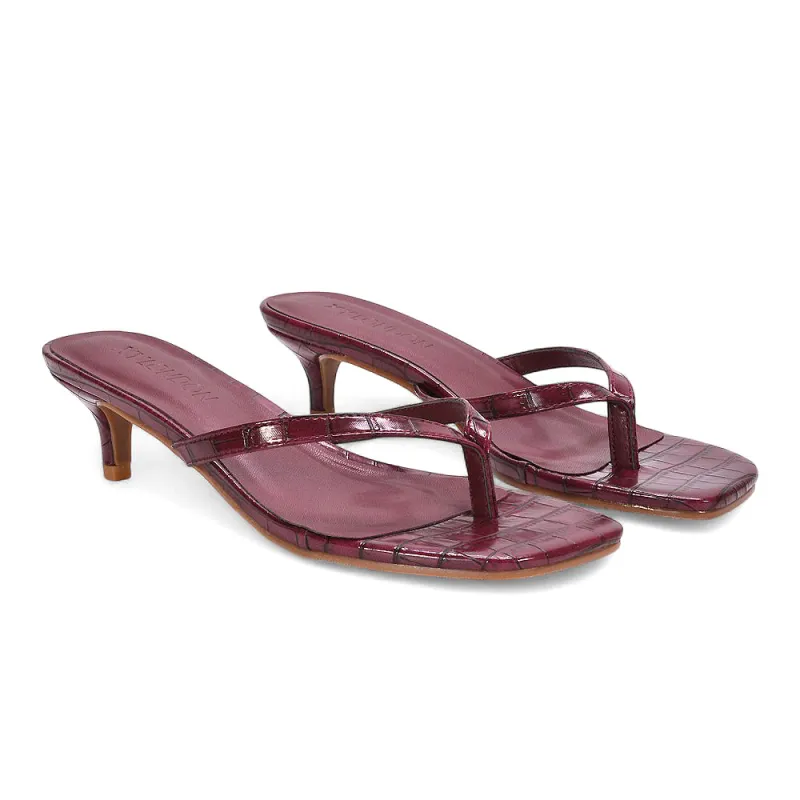 Ava Square Toe Kitten Heel Flip Flop Low Heeled Sandals in Burgundy sold by XYlondon