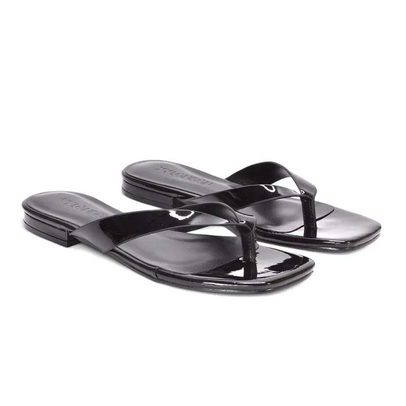 Sara Flip Flop Slip On Flat Sandals Square Toe Slides in Black Patent sold by XYlondon
