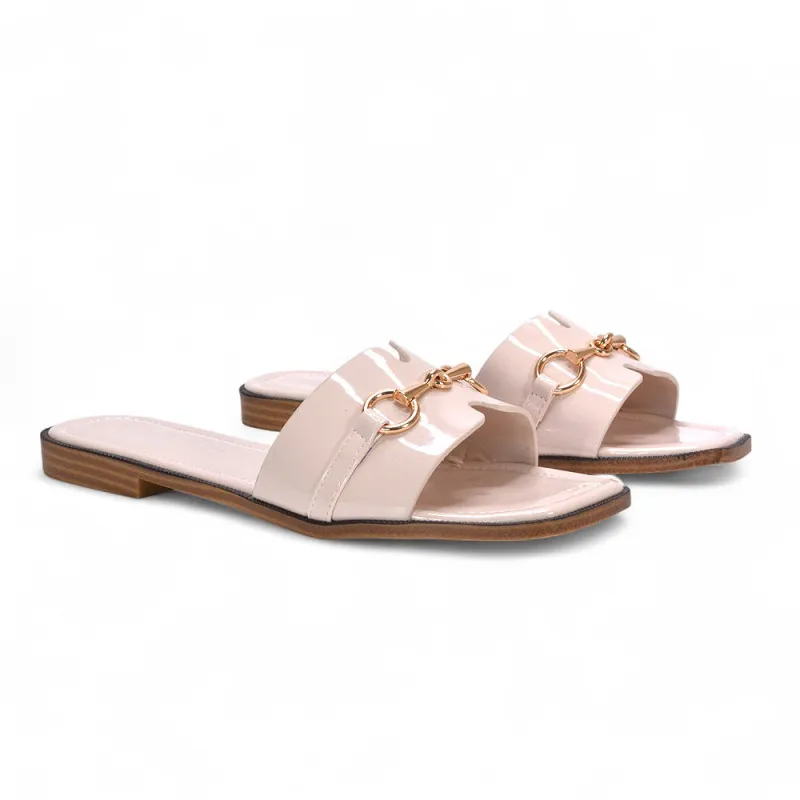 Lila Summer Flat Slide Sandals with Square Toe & Gold Detail in Nude Patent sold by XYlondon