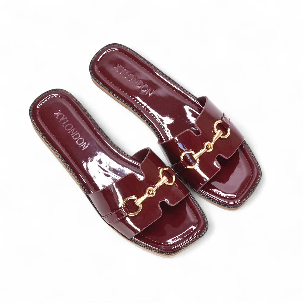 Lila Summer Flat Slide Sandals with Square Toe & Gold Detail in Burgundy Patent sold by XYlondon product image thumbnail 5