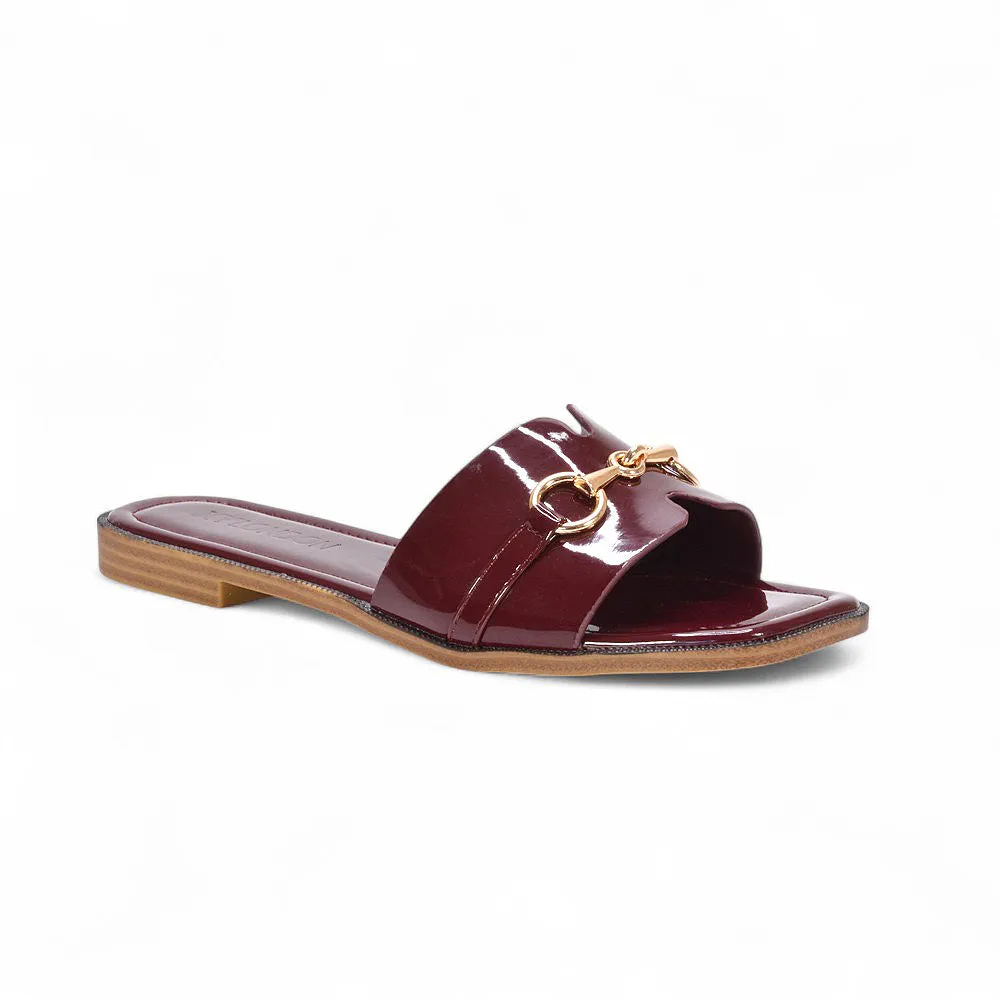 Lila Summer Flat Slide Sandals with Square Toe & Gold Detail in Burgundy Patent sold by XYlondon product image thumbnail 2