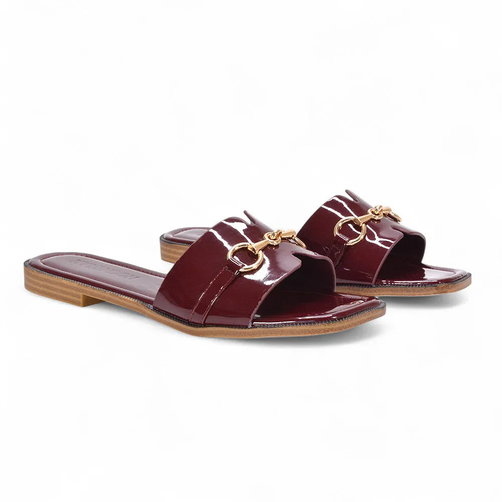 Lila Summer Flat Slide Sandals with Square Toe & Gold Detail in Burgundy Patent sold by XYlondon