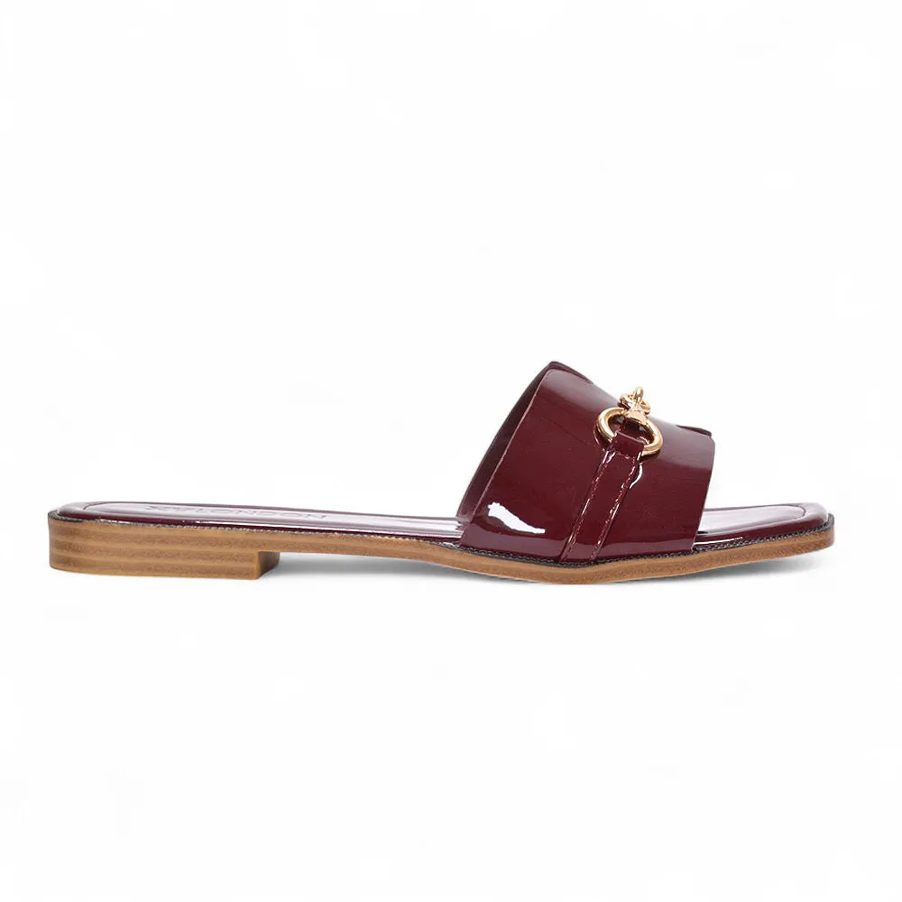 Lila Summer Flat Slide Sandals with Square Toe & Gold Detail in Burgundy Patent sold by XYlondon product image thumbnail 3