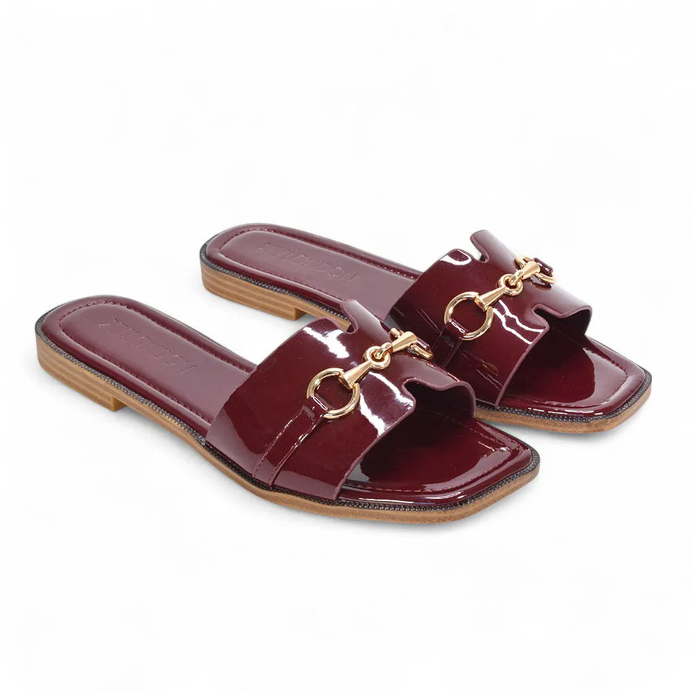 Lila Summer Flat Slide Sandals with Square Toe & Gold Detail in Burgundy Patent sold by XYlondon product image thumbnail 4