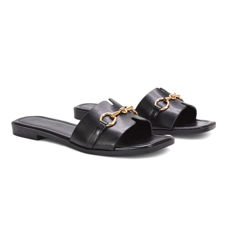 Lila Summer Flat Slide Sandals with Square Toe & Gold Detail in Black Synthetic Leather sold by XYlondon