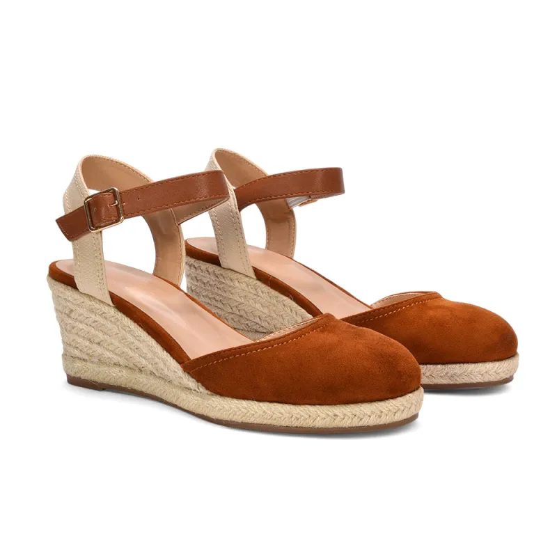 Zoey Closed Toe Strappy Wedge Heel Espadrille Sandals in Tan sold by XYlondon