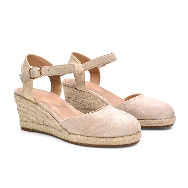 Zoey Closed Toe Strappy Wedge Heel Espadrille Sandals in Beige sold by XYlondon