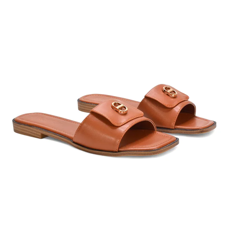 Isla Flat Square Toe Buckle Slider Sandals for Summer Holidays in Tan Synthetic Leather sold by XYlondon