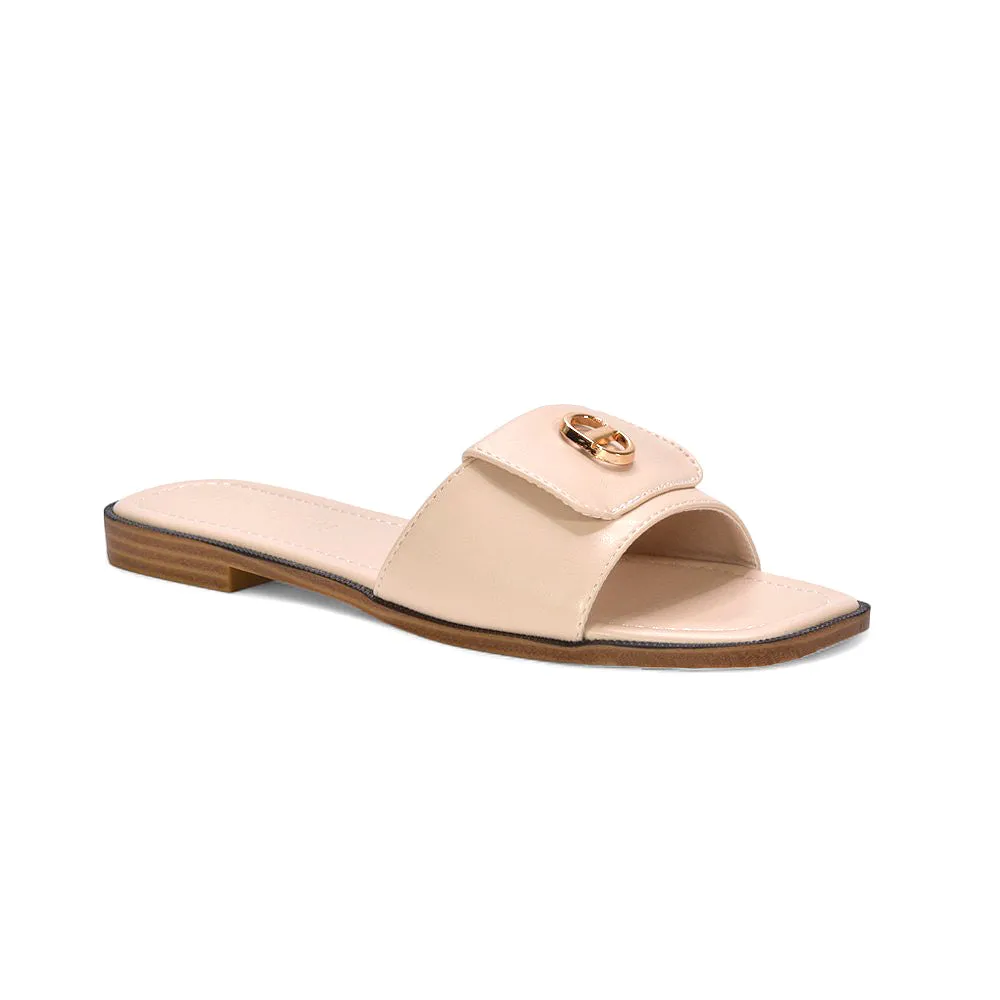Isla Flat Sliders Square Toe Buckle Detail Summer Holiday Sandals in Nude Synthetic Leather sold by XYlondon product image thumbnail 3
