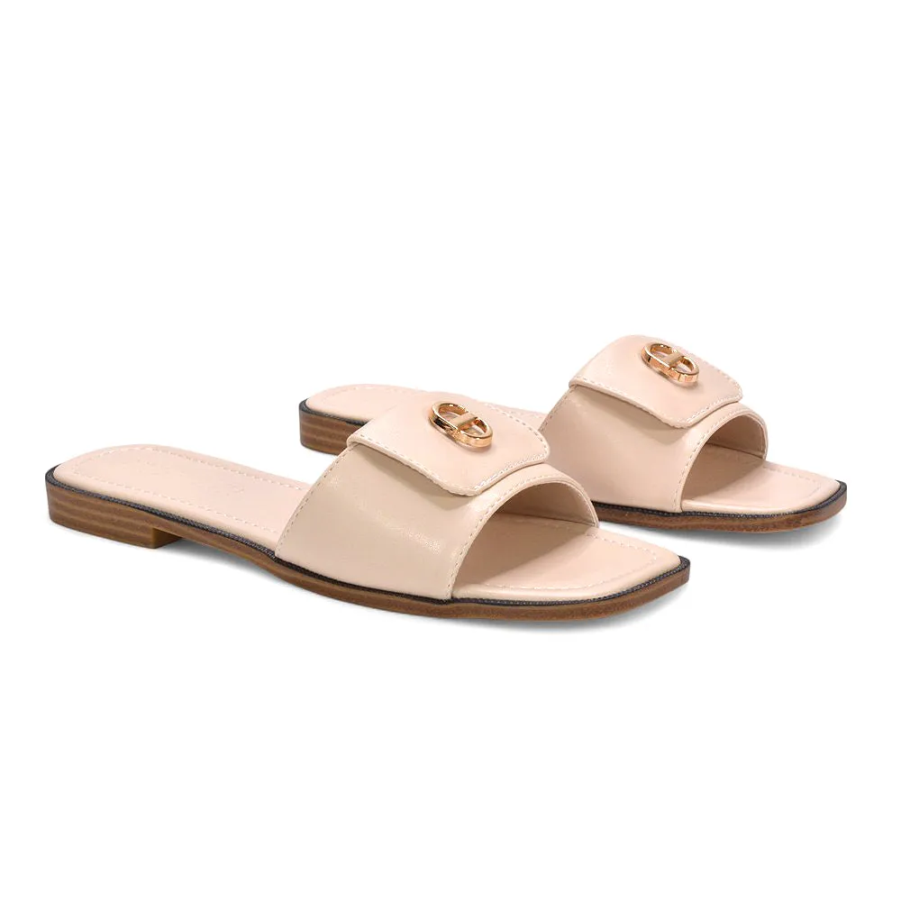 Isla Flat Sliders Square Toe Buckle Detail Summer Holiday Sandals in Nude Synthetic Leather sold by XYlondon