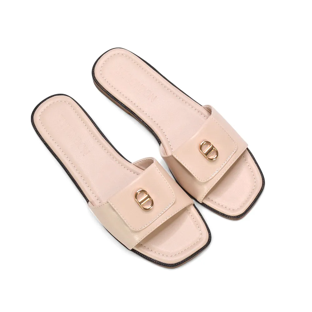 Isla Flat Sliders Square Toe Buckle Detail Summer Holiday Sandals in Nude Synthetic Leather sold by XYlondon product image thumbnail 5