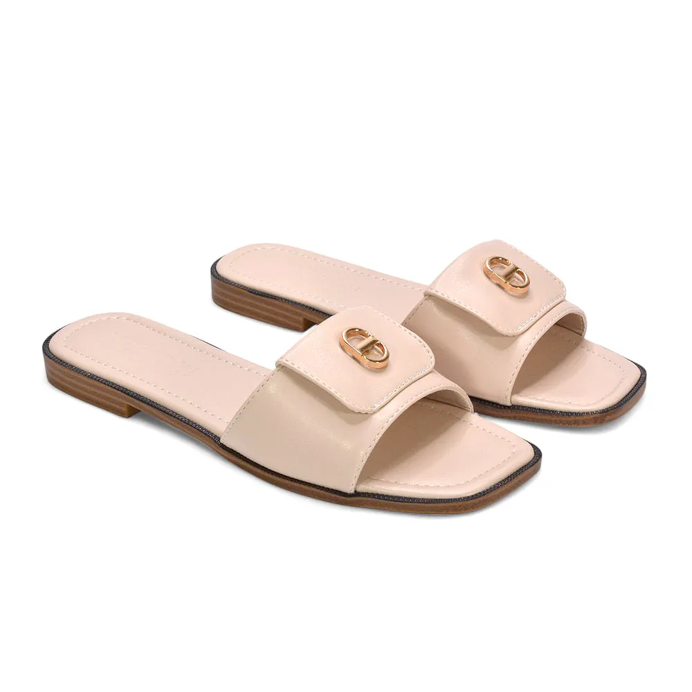 Isla Flat Sliders Square Toe Buckle Detail Summer Holiday Sandals in Nude Synthetic Leather sold by XYlondon product image thumbnail 4