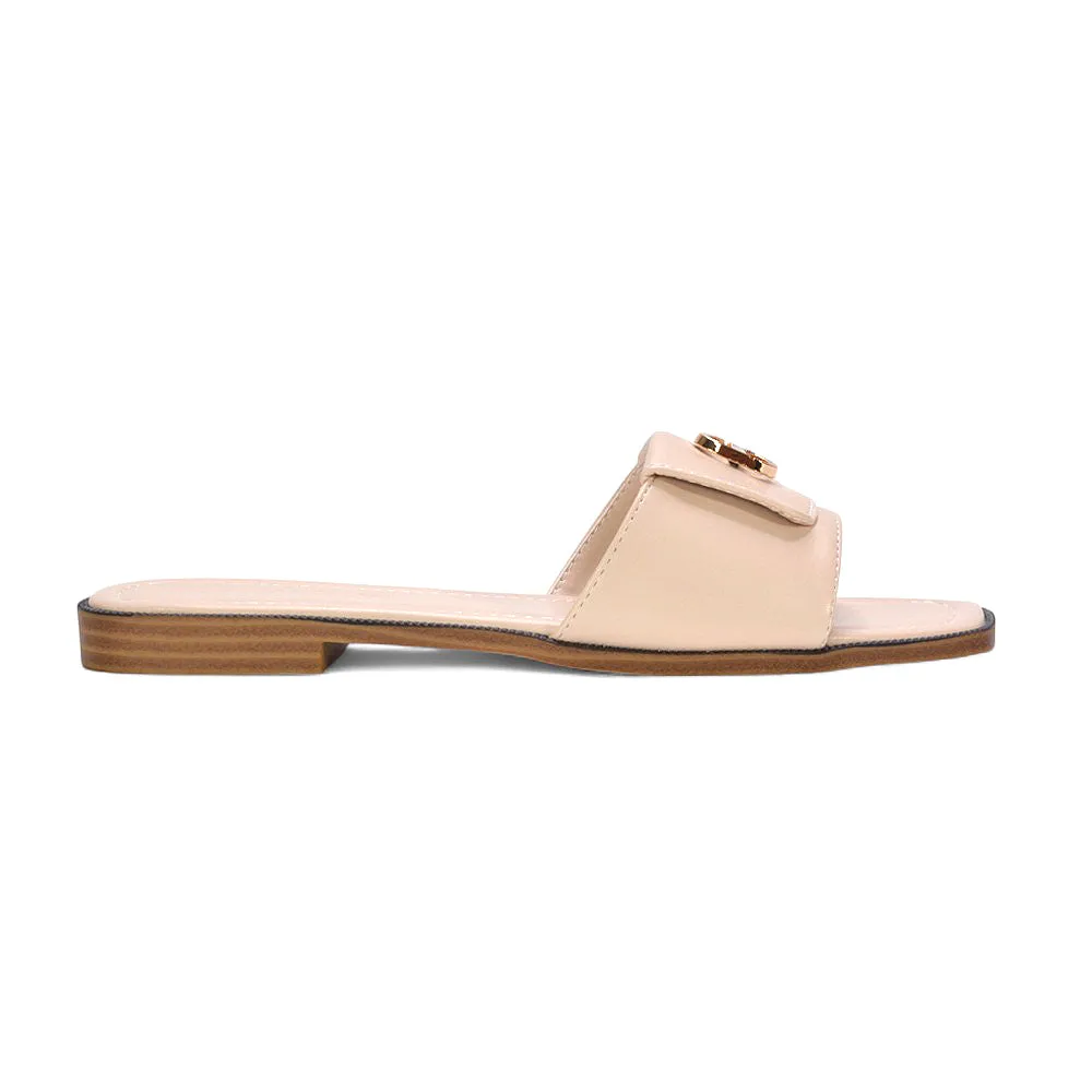 Isla Flat Sliders Square Toe Buckle Detail Summer Holiday Sandals in Nude Synthetic Leather sold by XYlondon product image thumbnail 2