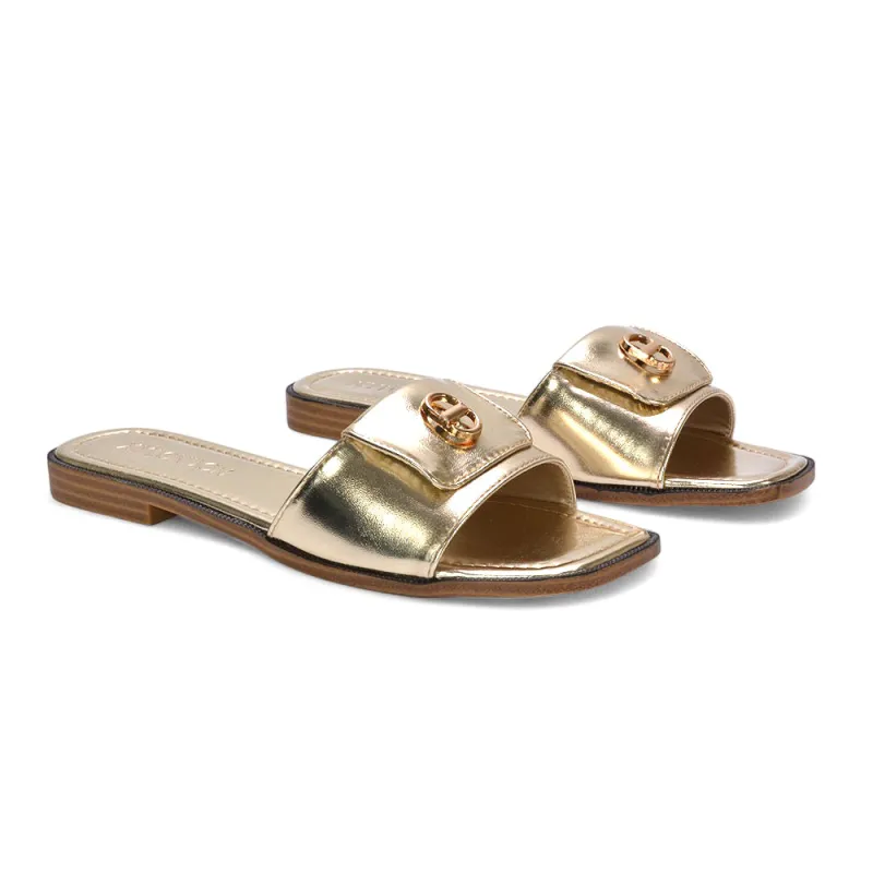 Isla Flat Sliders Square Toe Buckle Detail Summer Holiday Sandals in Gold Metallic sold by XYlondon