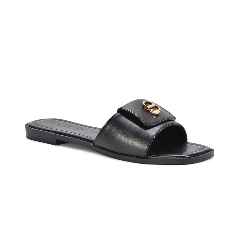 Isla Flat Square Toe Buckle Slider Sandals for Summer Holidays in Black Synthetic Leather sold by XYlondon product image thumbnail 3