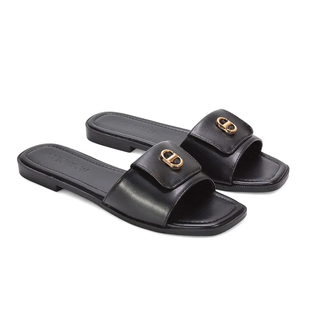 Isla Flat Square Toe Buckle Slider Sandals for Summer Holidays in Black Synthetic Leather sold by XYlondon product image thumbnail 4