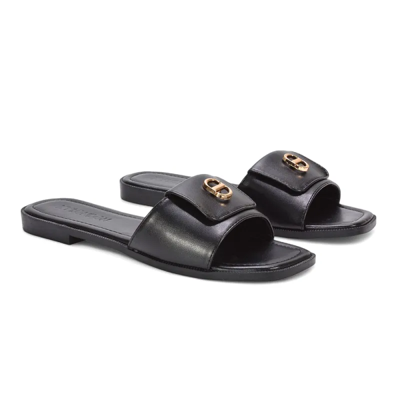 Isla Flat Square Toe Buckle Slider Sandals for Summer Holidays in Black Synthetic Leather sold by XYlondon