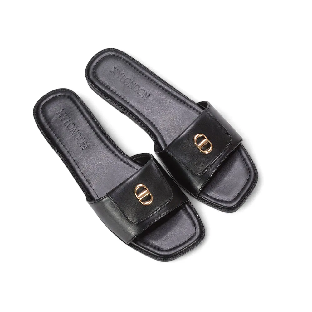 Isla Flat Square Toe Buckle Slider Sandals for Summer Holidays in Black Synthetic Leather sold by XYlondon product image thumbnail 5