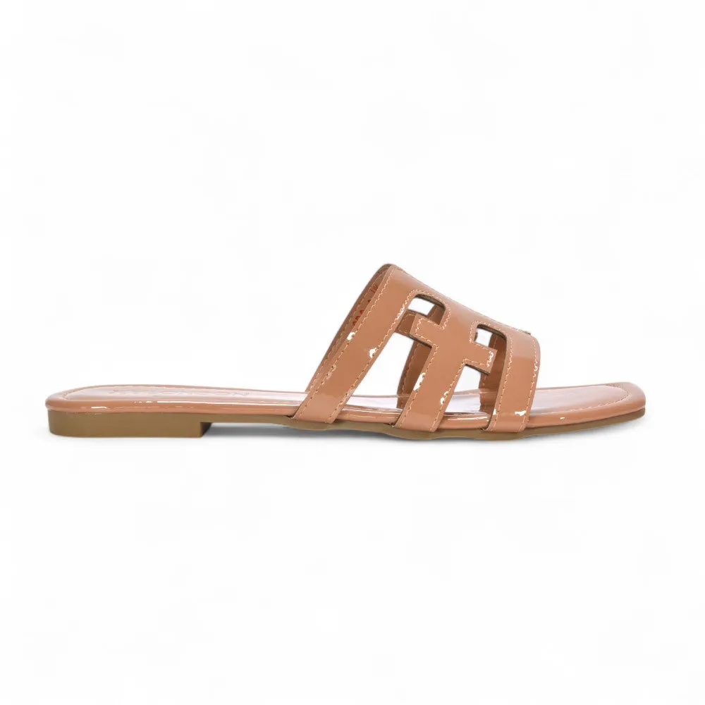 Ellie Summer Flat Slides with Square Toe and Cut-Out Strap in Nude Patent sold by XYlondon product image thumbnail 2
