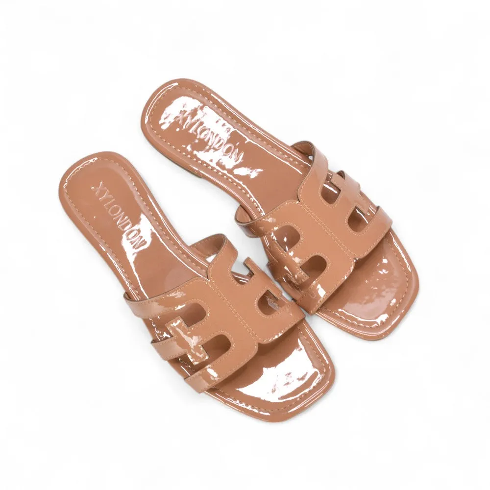 Ellie Summer Flat Slides with Square Toe and Cut-Out Strap in Nude Patent sold by XYlondon product image thumbnail 5