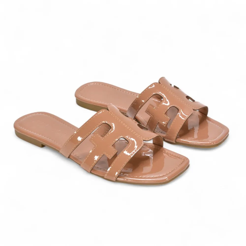 Ellie Summer Flat Slides with Square Toe and Cut-Out Strap in Nude Patent sold by XYlondon product image thumbnail 4