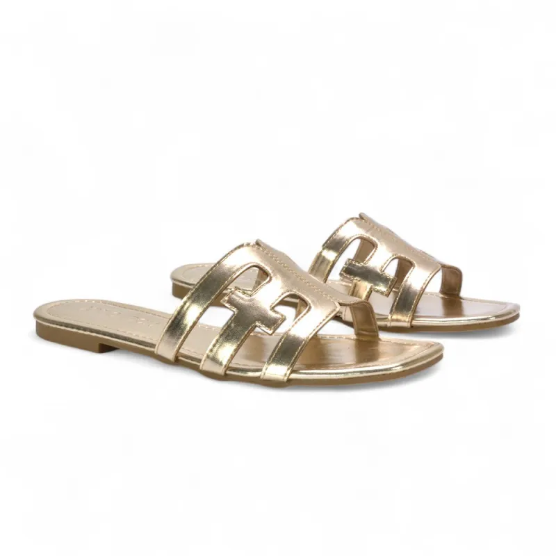 Ellie Summer Flat Slides with Square Toe and Cut-Out Strap in Gold Metallic sold by XYlondon