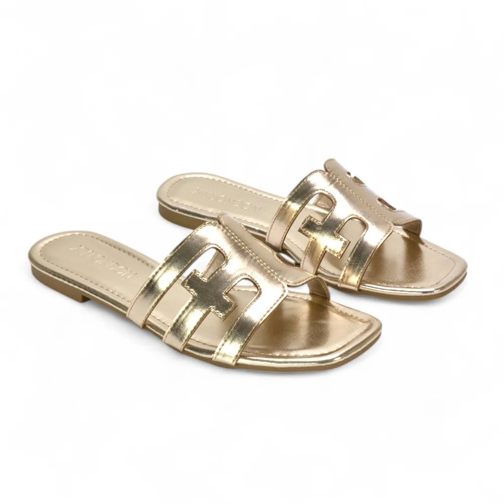 Ellie Summer Flat Slides with Square Toe and Cut-Out Strap in Gold Metallic sold by XYlondon product image thumbnail 4