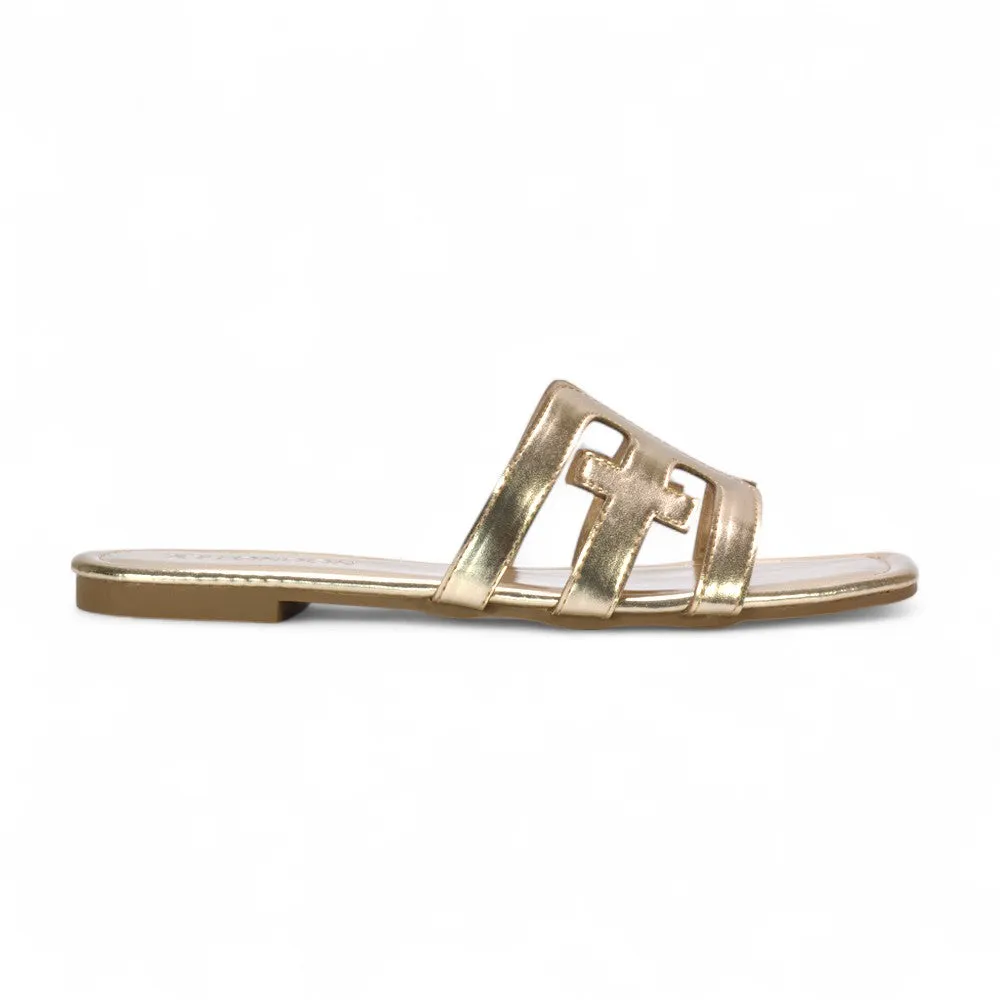 Ellie Summer Flat Slides with Square Toe and Cut-Out Strap in Gold Metallic sold by XYlondon product image thumbnail 2