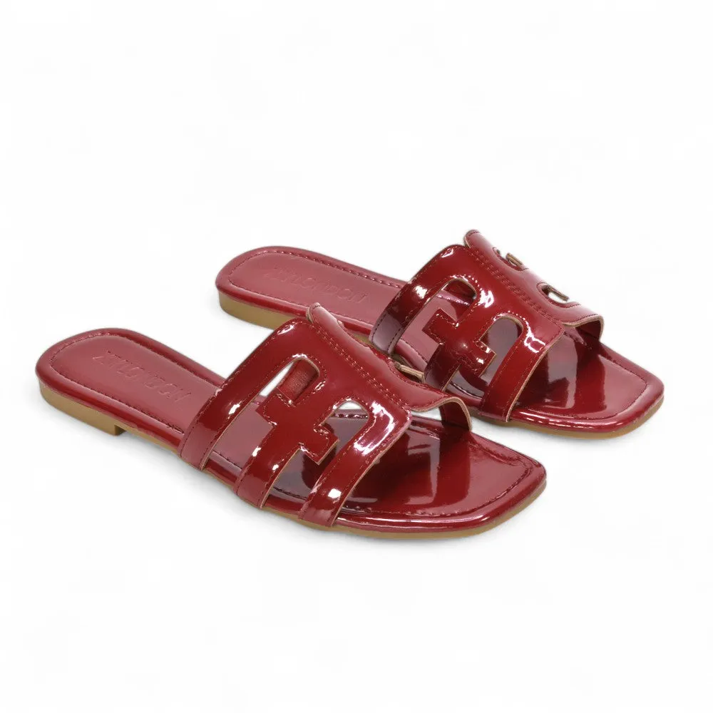 Ellie Summer Flat Slides with Square Toe and Cut-Out Strap in Cherry Red Patent sold by XYlondon product image thumbnail 4