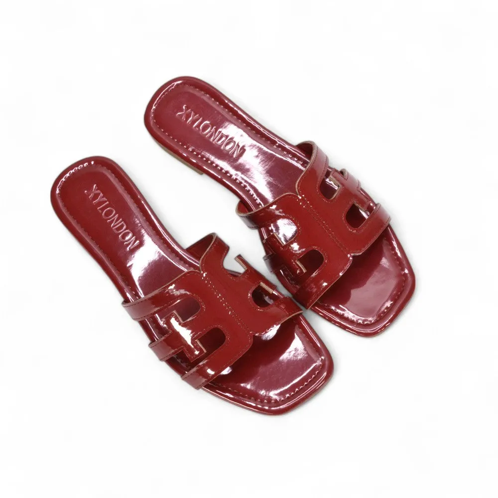 Ellie Summer Flat Slides with Square Toe and Cut-Out Strap in Cherry Red Patent sold by XYlondon product image thumbnail 5