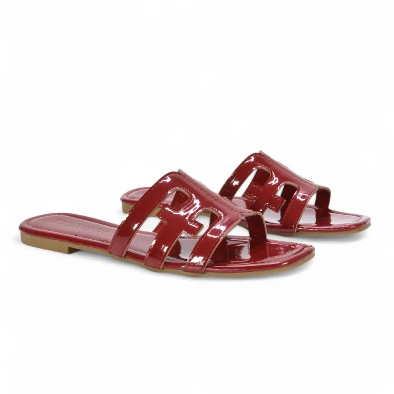 Ellie Summer Flat Slides with Square Toe and Cut-Out Strap in Cherry Red Patent sold by XYlondon