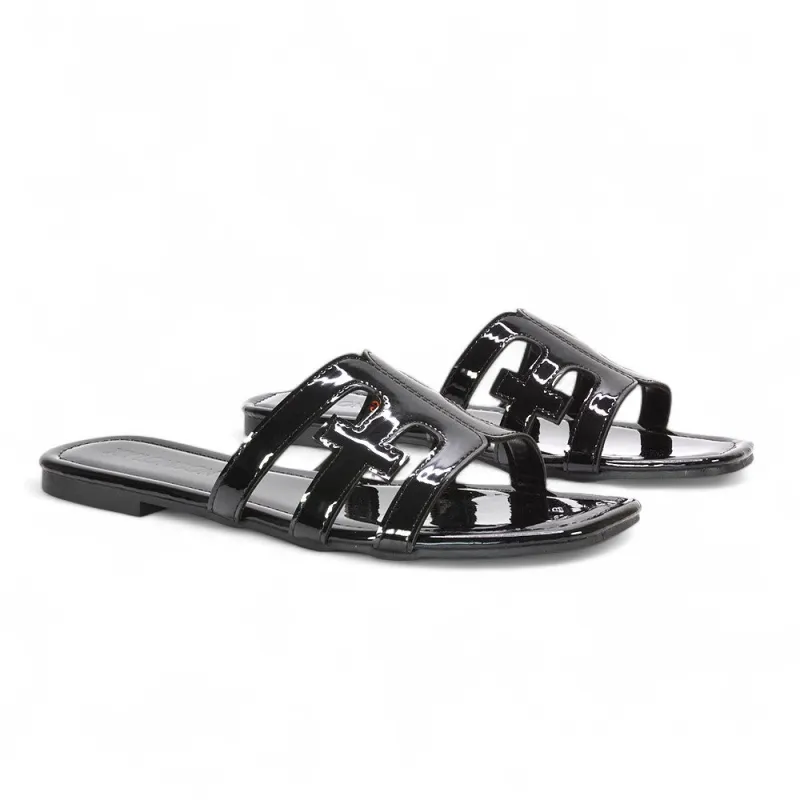 Ellie Square Toe Cut Out Strap Summer Flat Sandal Slides in Black Patent sold by XYlondon