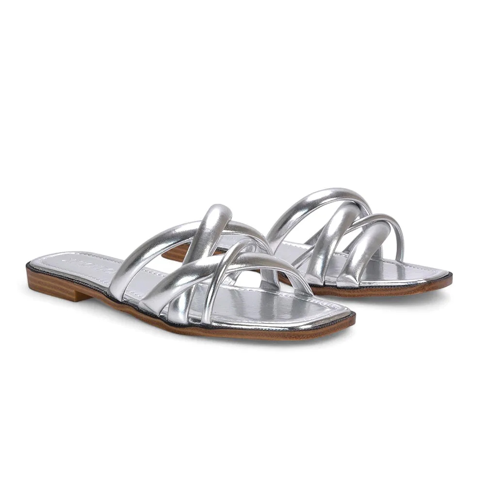 Florence Women's Slip On Square Toe Summer Sandals In Silver Metallic sold by XYlondon