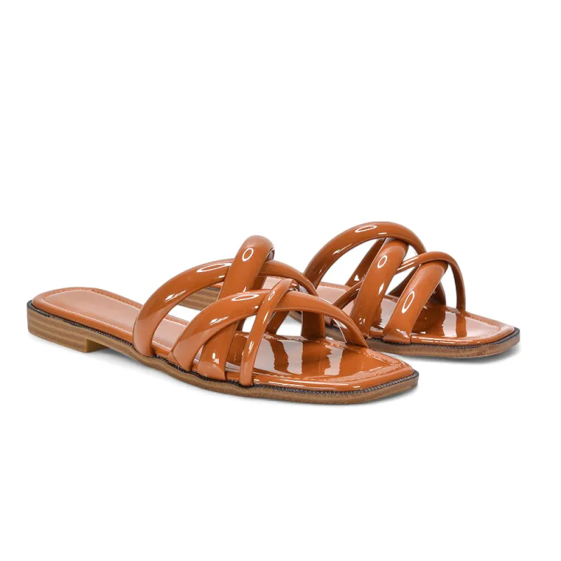 Florence Women's Slip On Square Toe Summer Sandals In Brown Patent sold by XYlondon