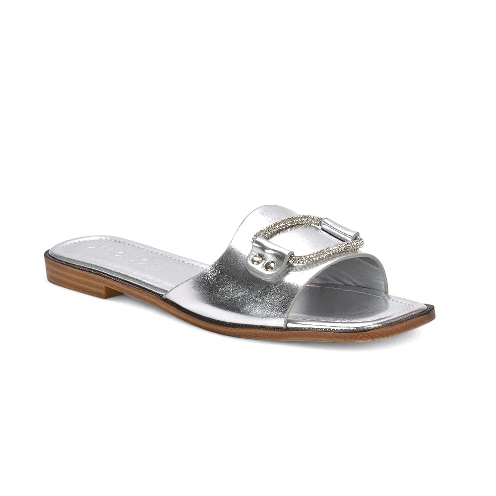 Erin Women’s Slip On Holiday Flats with Diamante Detail Summer Sandals in Silver Metallic sold by XYlondon product image thumbnail 5