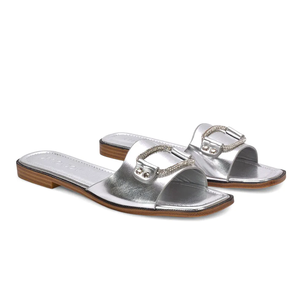 Erin Women’s Slip On Holiday Flats with Diamante Detail Summer Sandals in Silver Metallic sold by XYlondon