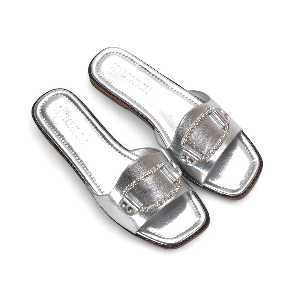 Erin Women’s Slip On Holiday Flats with Diamante Detail Summer Sandals in Silver Metallic sold by XYlondon product image thumbnail 4