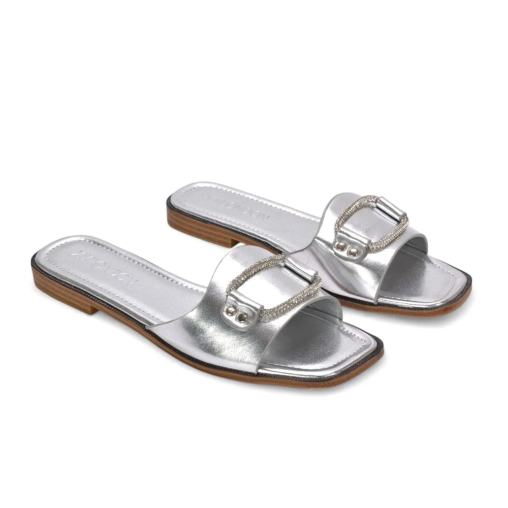 Erin Women’s Slip On Holiday Flats with Diamante Detail Summer Sandals in Silver Metallic sold by XYlondon product image thumbnail 3