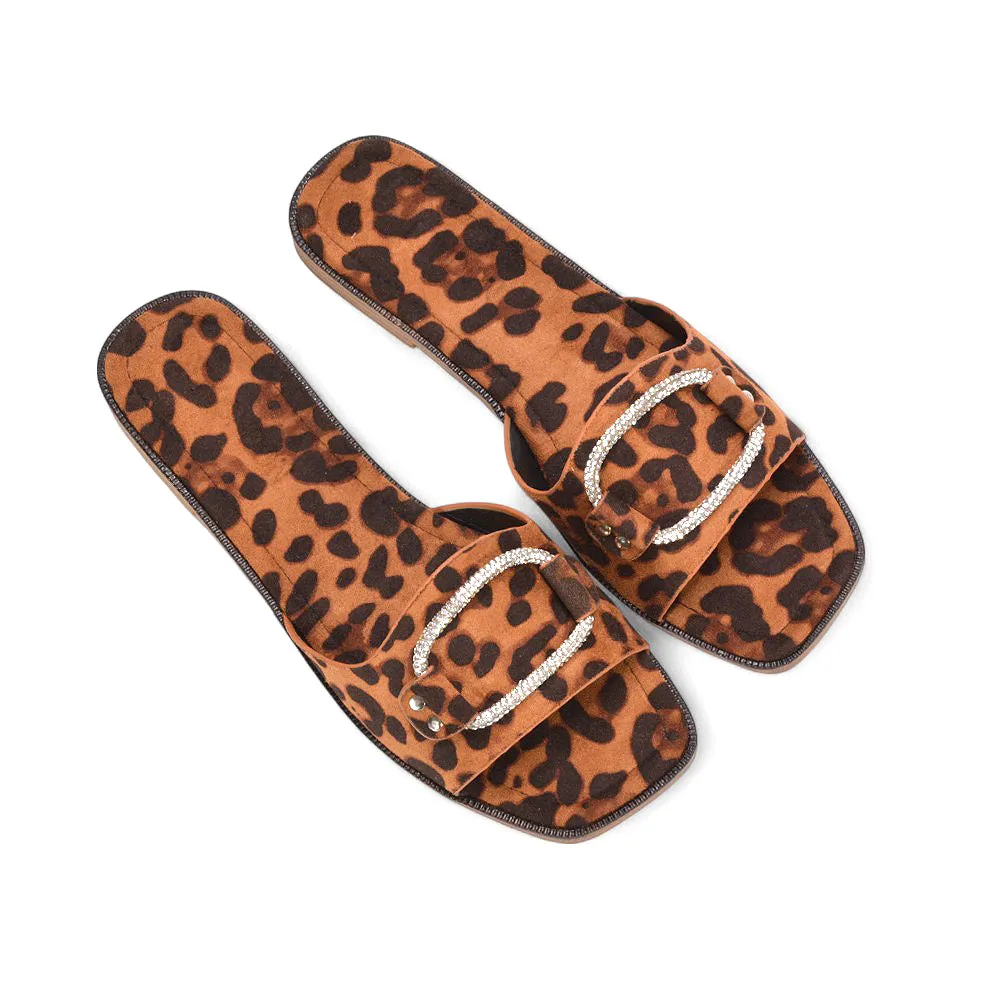 Erin Women’s Slip On Holiday Flats with Diamante Detail Summer Sandals in Leopard Faux Suede sold by XYlondon product image thumbnail 4
