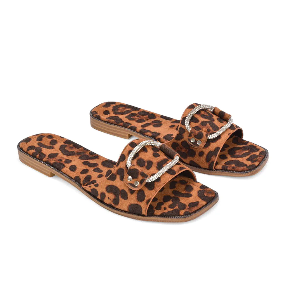 Erin Women’s Slip On Holiday Flats with Diamante Detail Summer Sandals in Leopard Faux Suede sold by XYlondon product image thumbnail 3