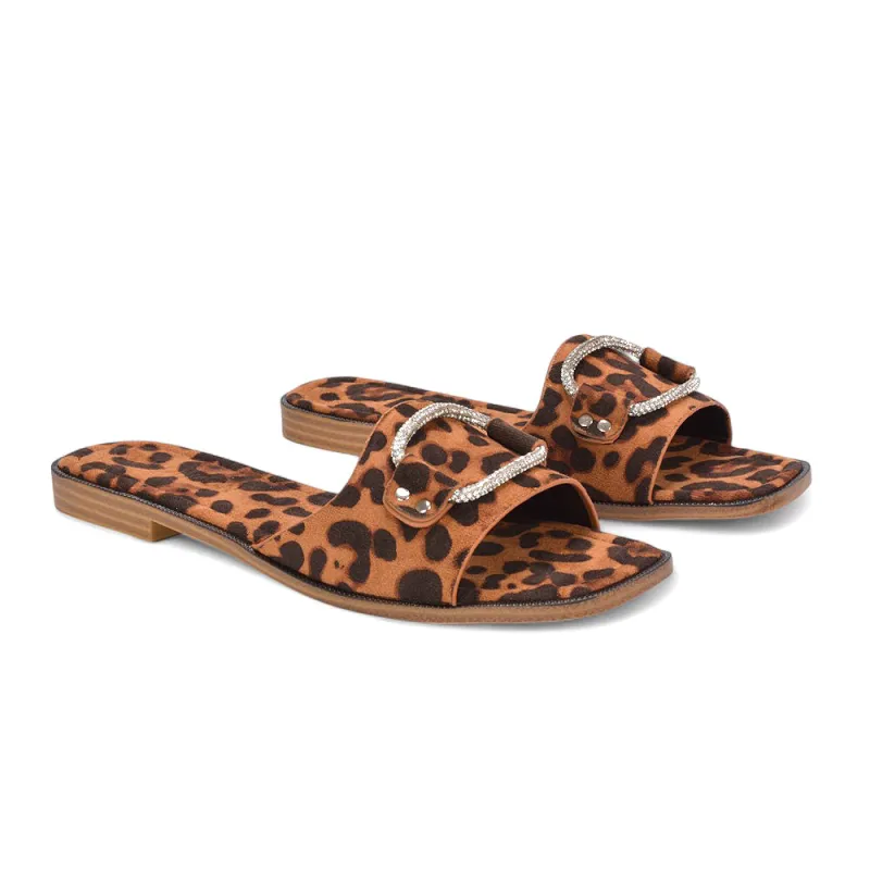 Erin Women’s Slip On Holiday Flats with Diamante Detail Summer Sandals in Leopard Faux Suede sold by XYlondon