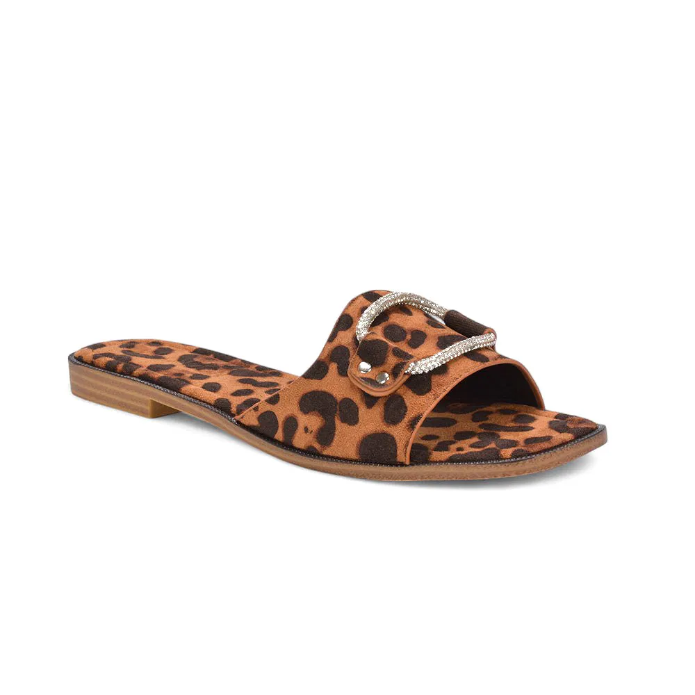 Erin Women’s Slip On Holiday Flats with Diamante Detail Summer Sandals in Leopard Faux Suede sold by XYlondon product image thumbnail 2