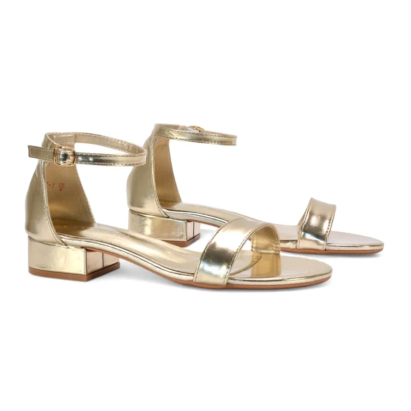 Tate Ankle Strap Low Block Heel Summer Sandals in Gold Metallic sold by XYlondon