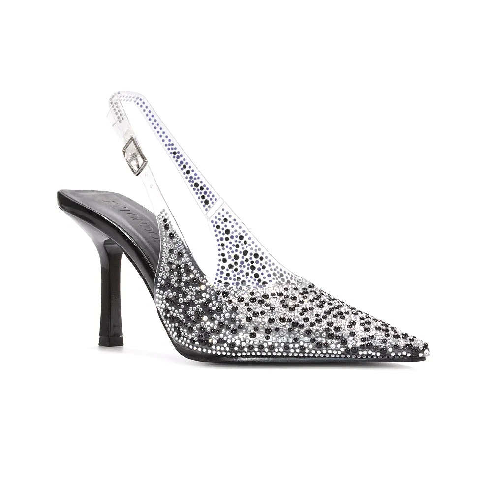 Megan Pointed Toe Perspex Sparkly Slingback Stiletto High Heels in Black Patent sold by XYlondon product image thumbnail 5