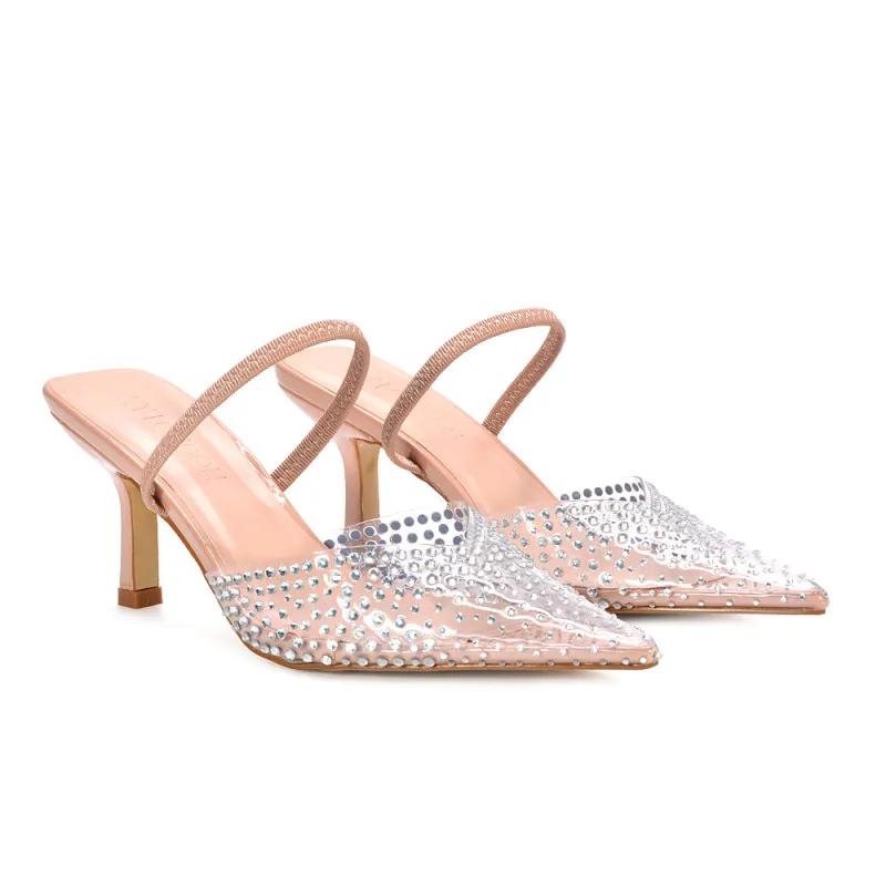 Nina Slingback Point Toe Stiletto High Heel Sparkly Party Shoes in Nude Patent sold by XYlondon