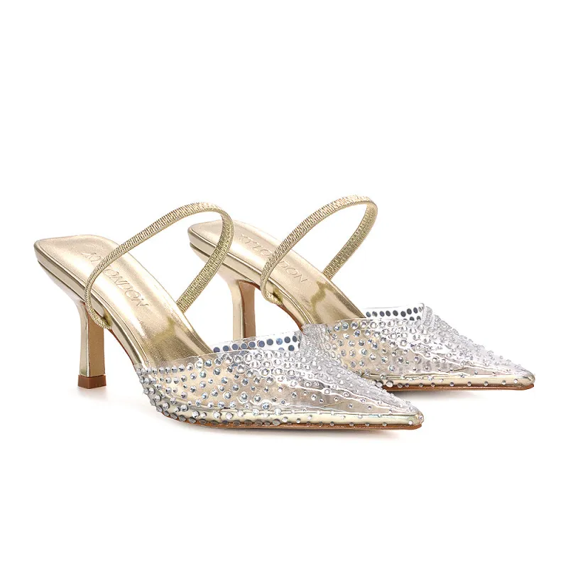 Nina Slingback Point Toe Stiletto High Heel Sparkly Party Shoes in Gold Metallic sold by XYlondon